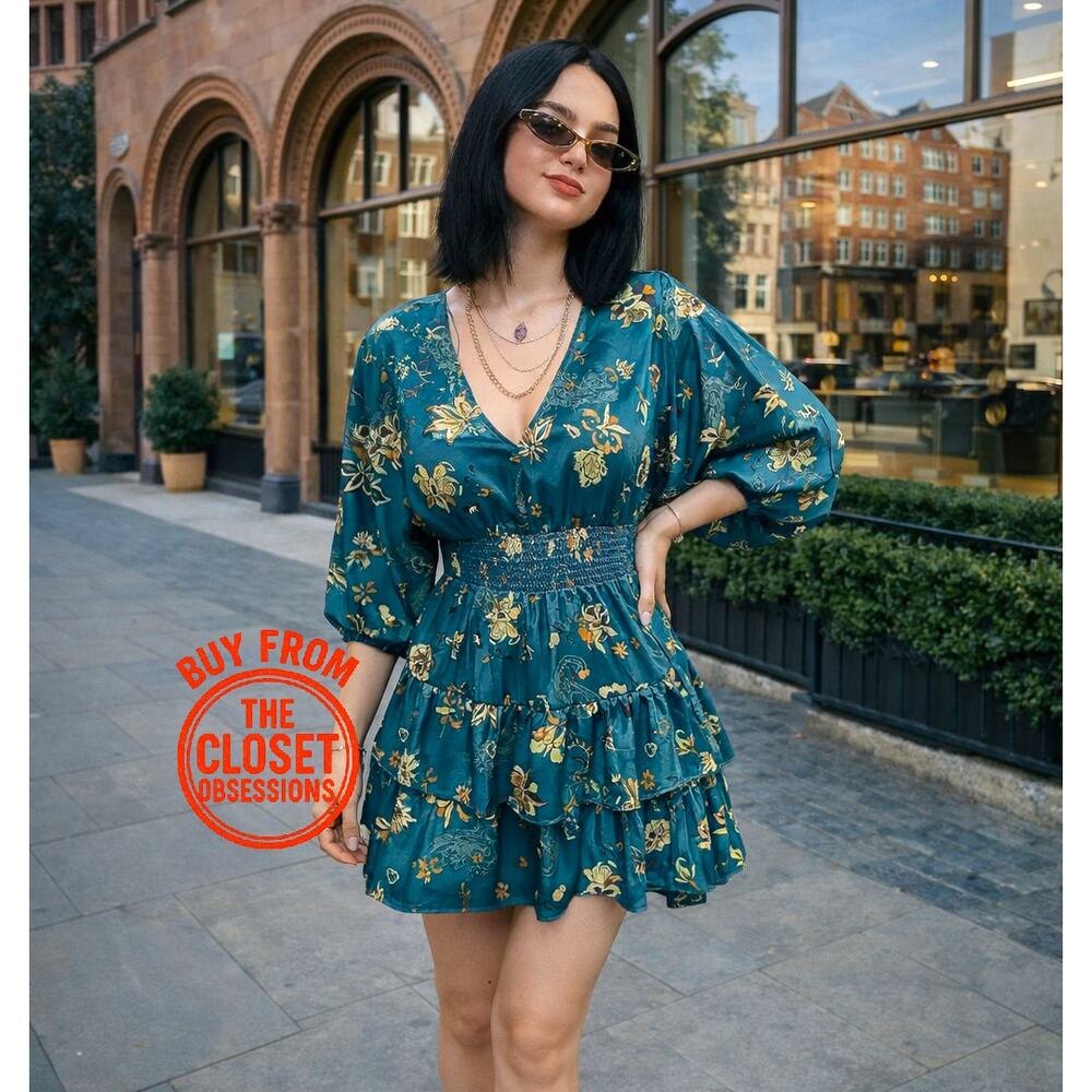 ZARA Green Satin V-Neck Mini Dress NWT | Long Sleeve Ruffle Hem (S, M)